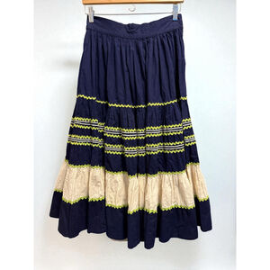 Vintage Ricki’s Boho Tiered Patio Skirt Cotton Navy Cream Green Trim size small